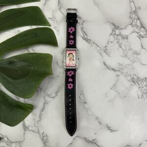 Betty Boop Vintage Y2k Womens Wrist Watch Black Square Face Rhinestones Flowers